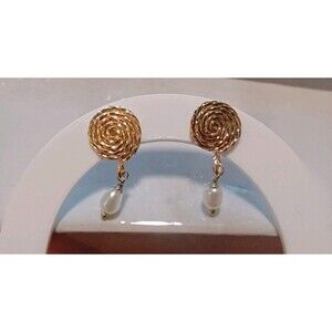 Handmade Vintage Gold Tone Spiral Drop Earrings With Freshwater Pearls
